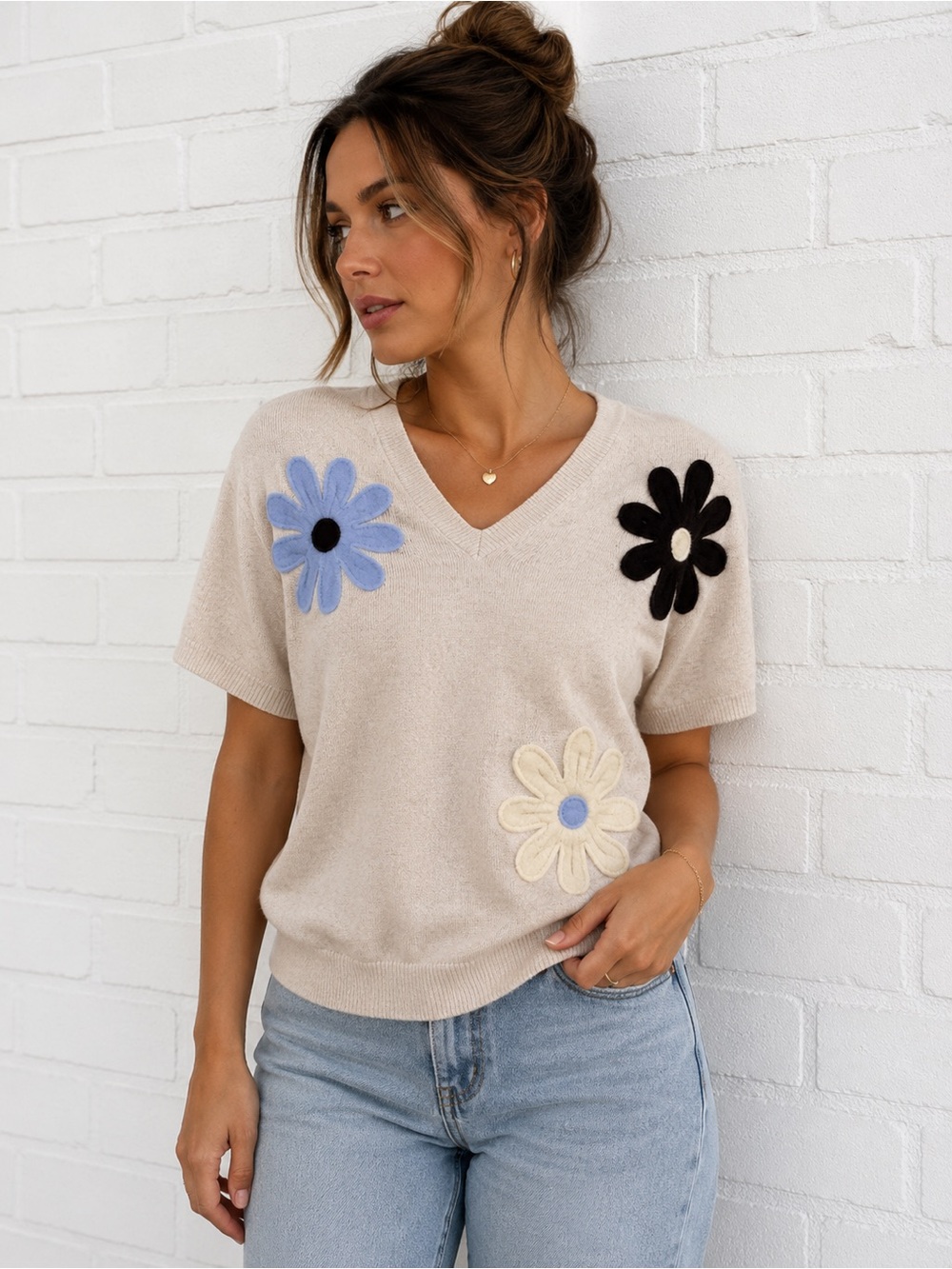 Floral Beige V-Neck Top